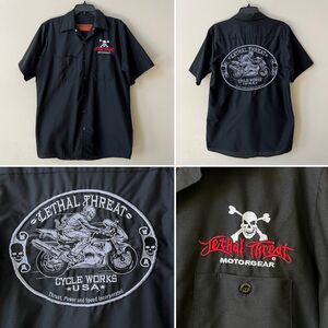 Lethal Threat Motorgear Black Work Shirt Men’s Medium Motorcycle Skulls USA Made